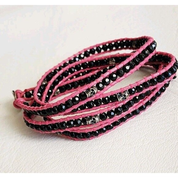 CHAN LUU NWT 5 WRAP PINK LEATHER ONYX NUGGET SKULL BRACELET 32" - Picture 4 of 10